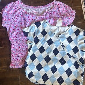 Girls Floral Smocked Pink top & Blue Argyle  Top - 2-Pack